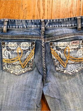 Cruel Girl Blue Denim Straight Leg Jeans with Yellow Embroidered Pockets